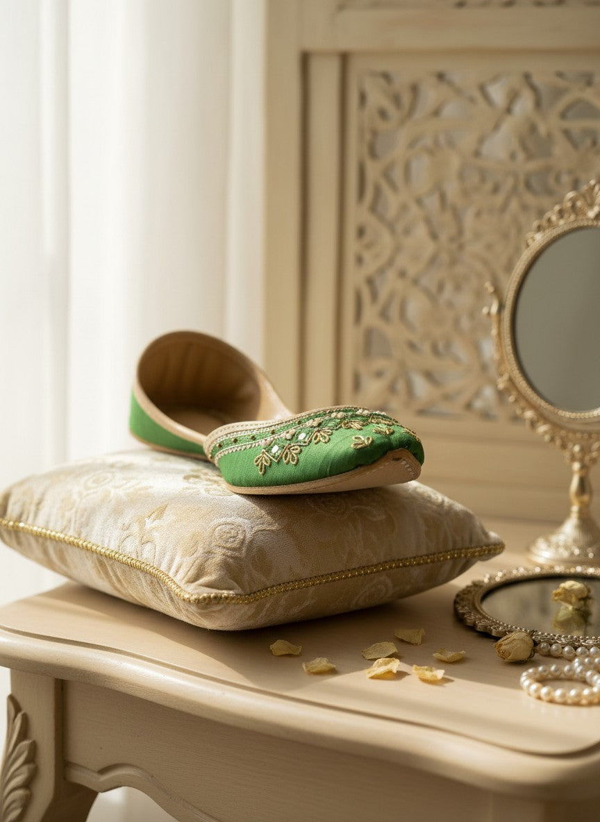 Ujaala green silk jutti with intricate golden embroidery and bead embellishments. Traditional flat shoe.