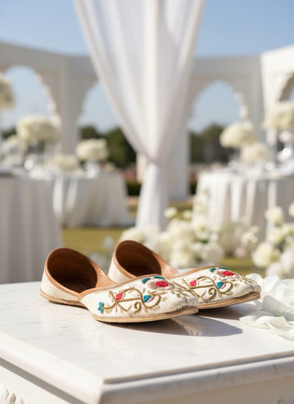 Ujaala Gulkaar ivory jutti with floral embroidery in red, blue, and gold threads, and a subtle mirror accent.