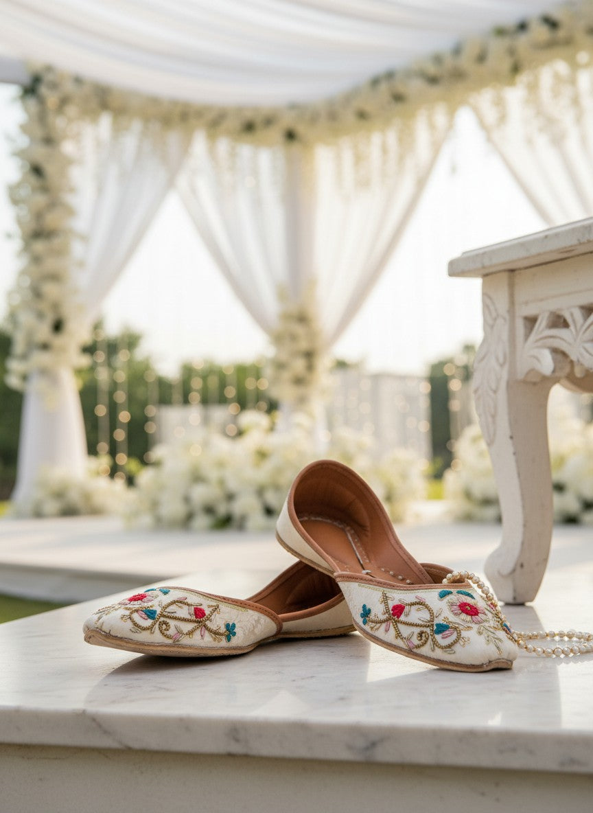 Ujaala Gulkaar ivory jutti with floral embroidery in red, blue, and gold threads, featuring a subtle mirror accent.