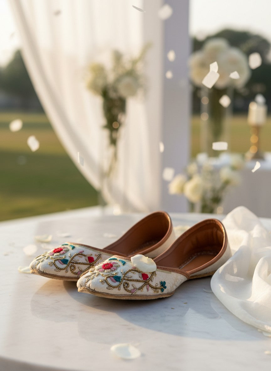 Ujaala Gulkaar ivory jutti with floral embroidery, vibrant threadwork, and mirror accents. Perfect for festive occasions.