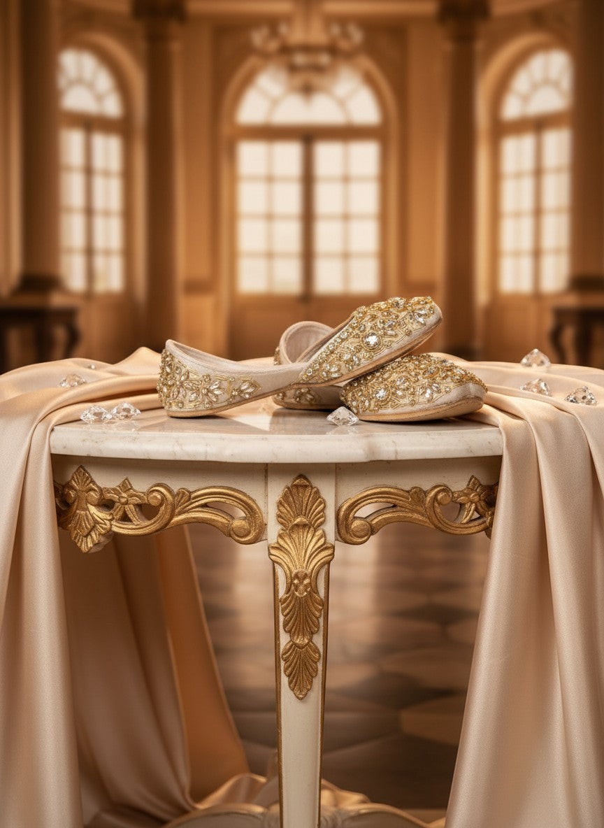 Ujaala Noorjahan ivory jutti embellished with sparkling stones and intricate beadwork, perfect for special occasions.