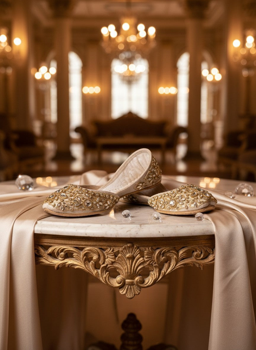 Ujaala Noorjahan ivory jutti embellished with sparkling stones and gold beadwork. Flat sole, slip-on style.