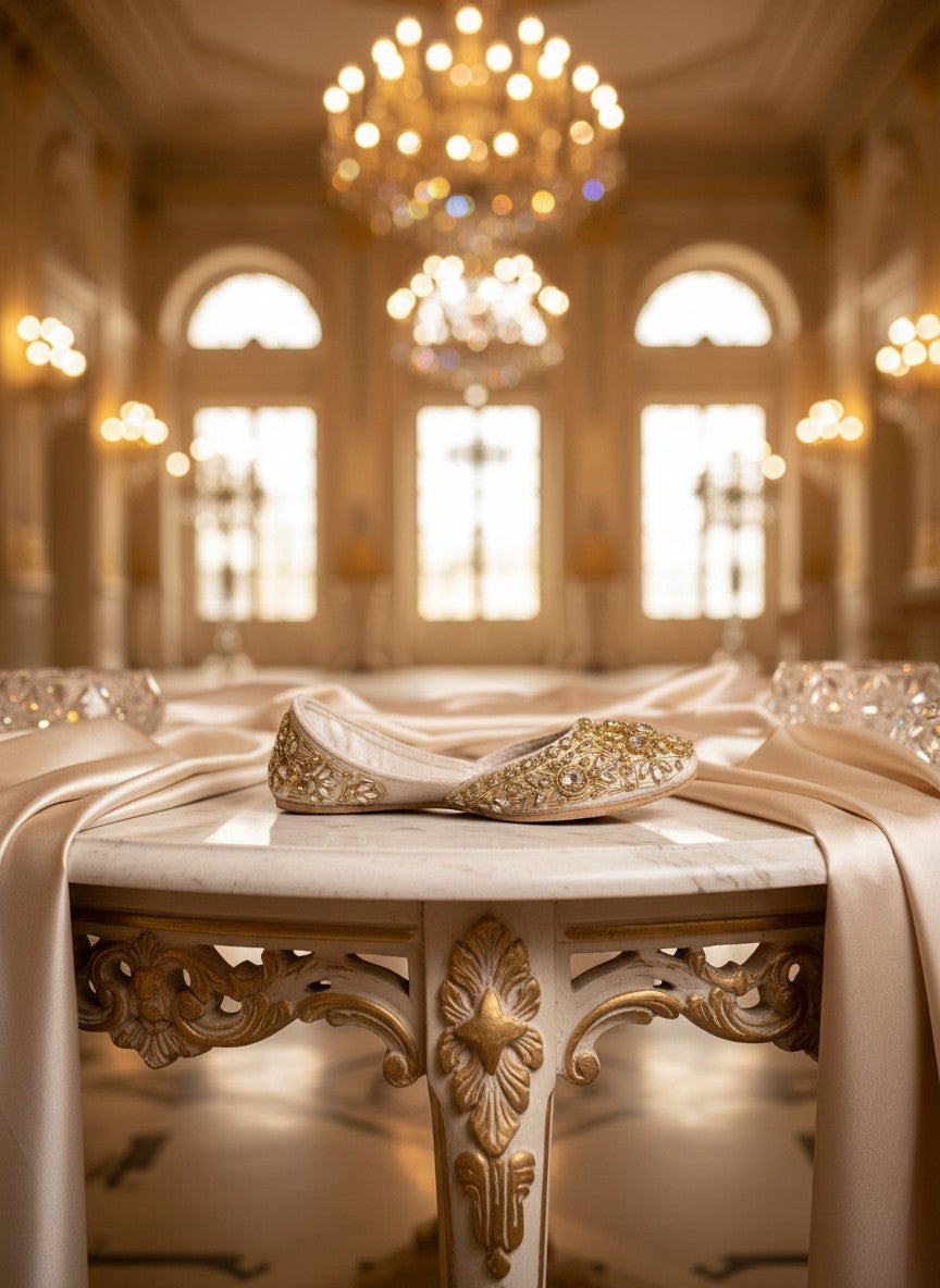 Ujaala Noorjahan ivory jutti embellished with sparkling stones and gold beadwork. Handcrafted flat shoe.