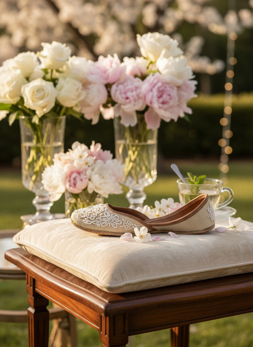 Ujaala ivory handcrafted jutti with white bead floral embroidery, ideal for bridal and festive occasions.