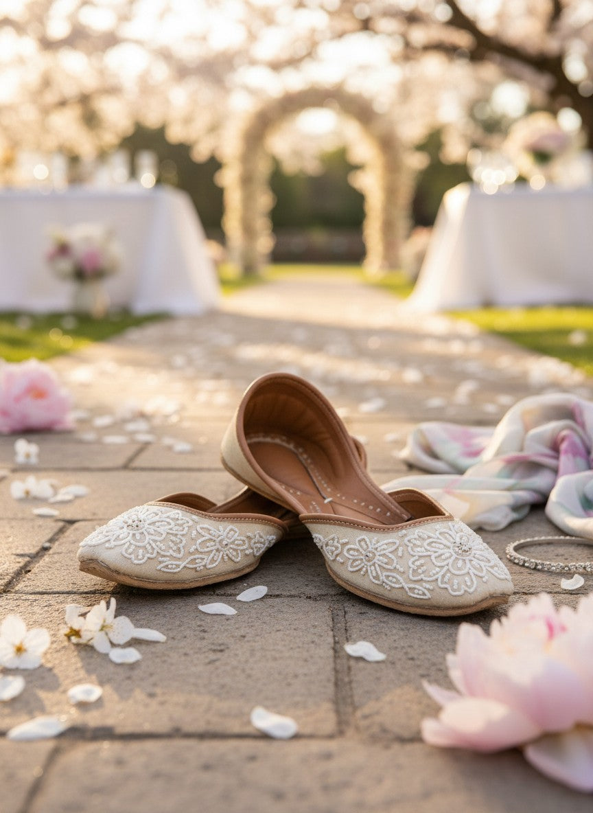 Ujaala Mehar ivory handcrafted jutti with white bead floral embroidery, ideal for bridal and festive occasions.