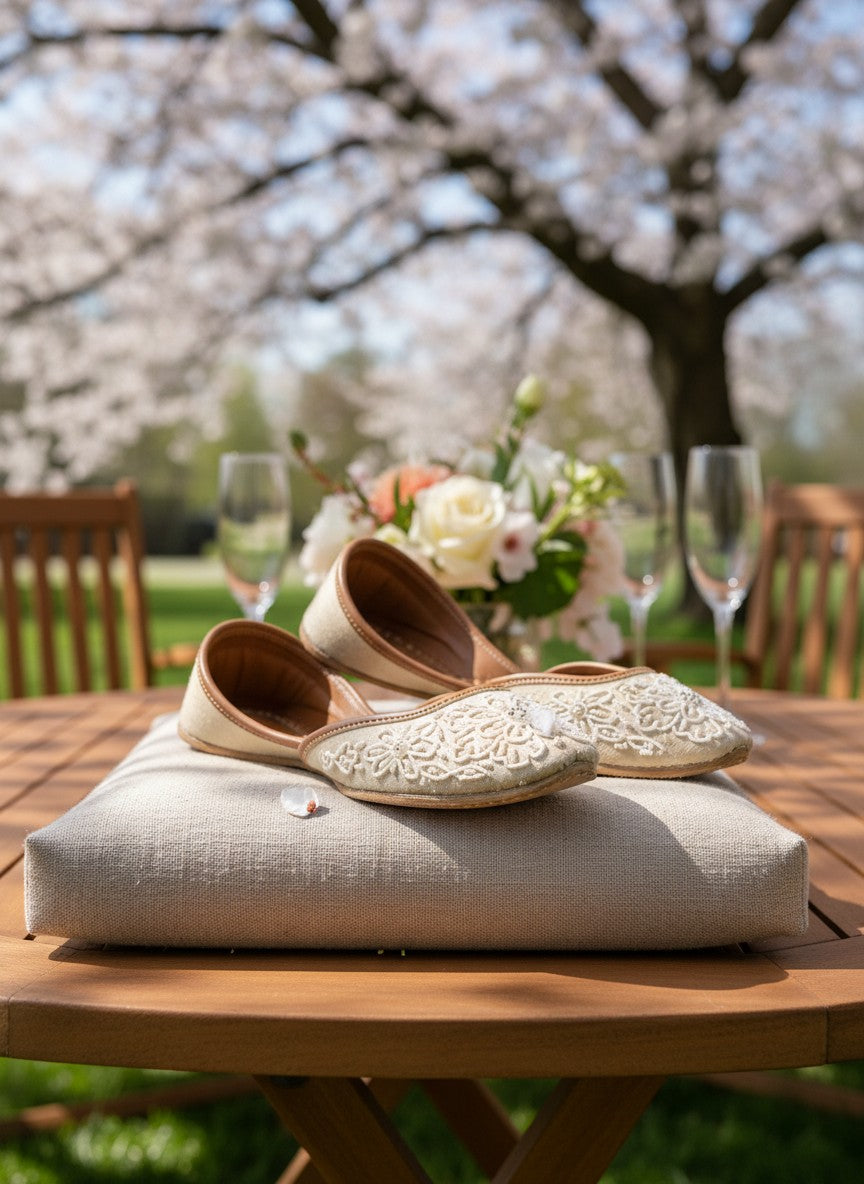 Ujaala Mehar ivory handcrafted jutti with white bead floral embroidery, perfect for bridal and festive occasions.