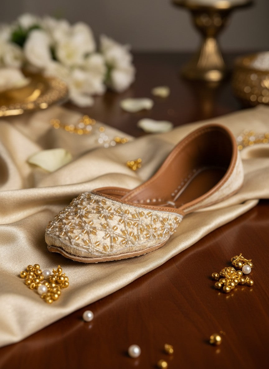 Ujaala Piyu ivory velvet khussa embellished with pearl and gold bead embroidery.