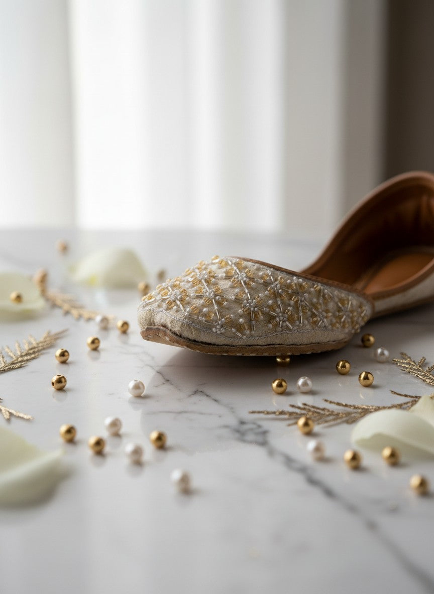 Ujaala Piyu ivory velvet khussa embellished with pearl and gold bead embroidery.