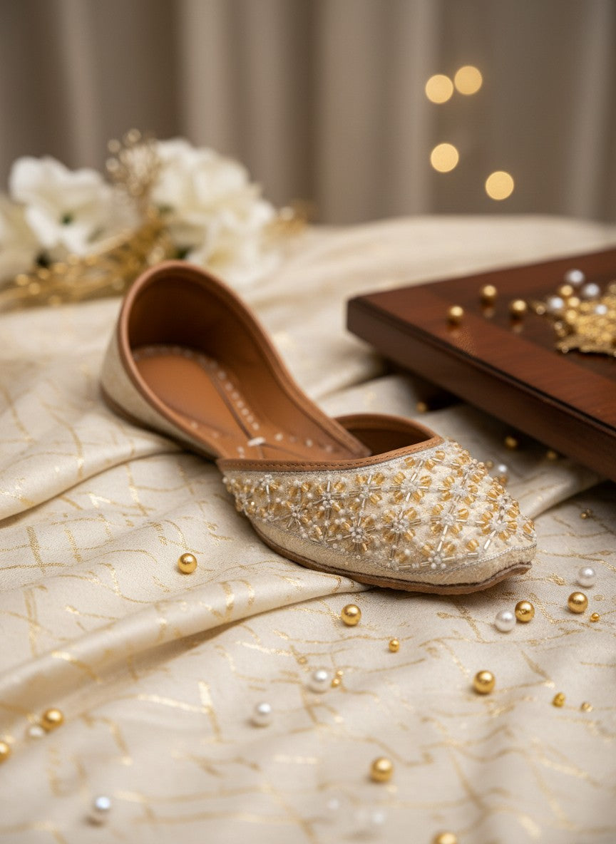 Ujaala Piyu ivory velvet khussa flat shoes with pearl and gold bead embroidery.