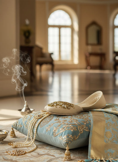 Ujaala Maharani cream jutti embellished with gold beads and clear crystals in a floral design.