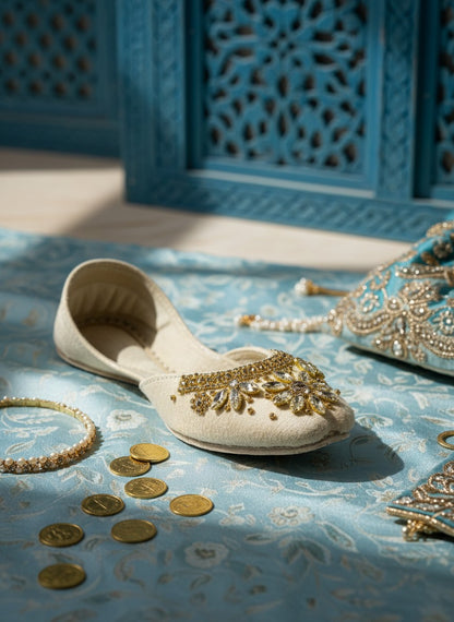 Ujaala Maharani cream jutti embellished with gold beads and clear crystals in a floral design.