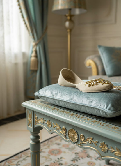 Ujaala Maharani cream jutti embellished with gold beads and clear crystals in a floral design.