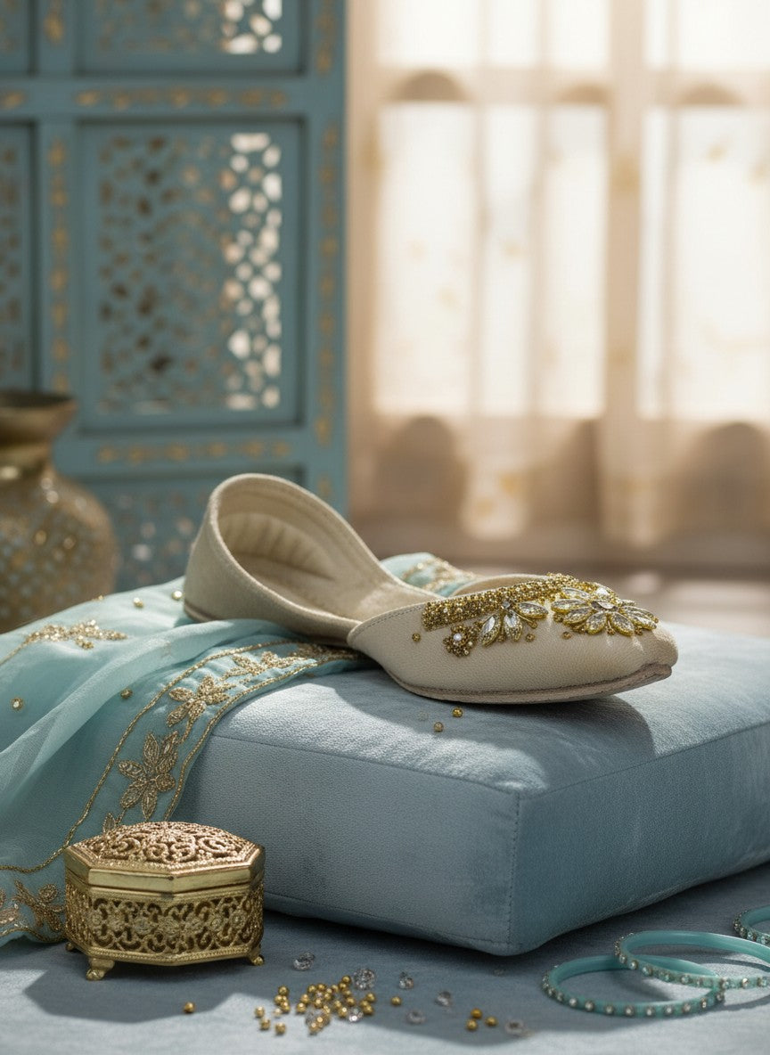 Ujaala Maharani cream jutti embellished with gold beads and clear crystals in a floral design.