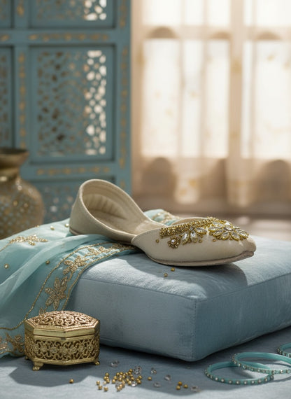Ujaala Maharani cream jutti embellished with gold beads and clear crystals in a floral design.