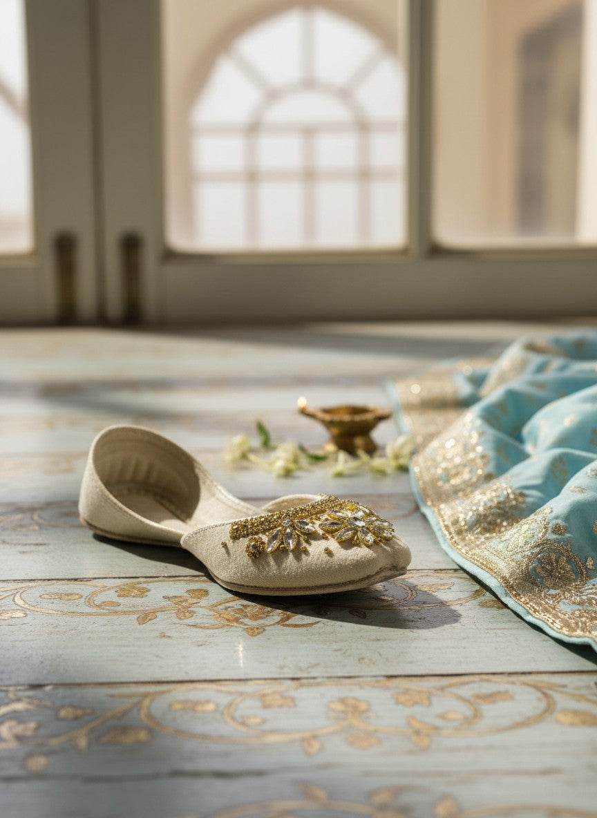 Ujaala Maharani cream jutti flats with intricate gold bead and crystal floral embellishments.