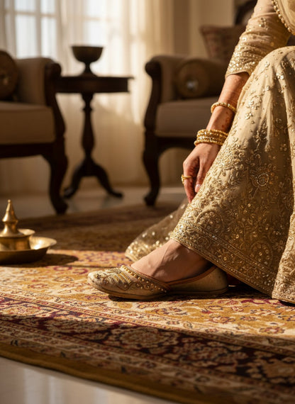 Ujaala Meharbaan beige jutti with antique gold embroidery and pearl accents, perfect for festive occasions.
