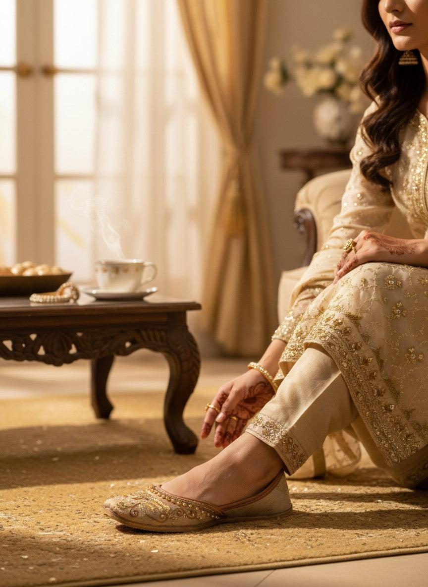 Ujaala Meharbaan beige jutti with antique gold embroidery and pearl accents, perfect for festive occasions.