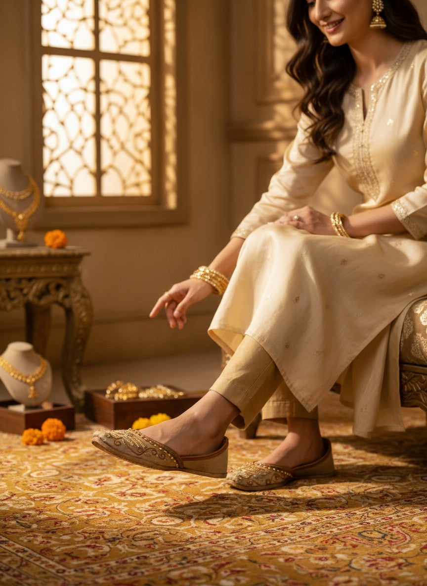 Ujaala Meharbaan beige jutti with antique gold embroidery and pearl accents, perfect for festive occasions.
