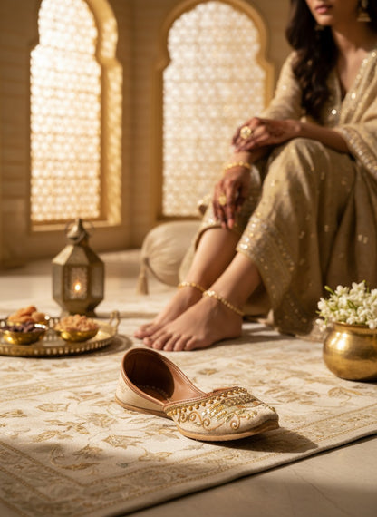Ujaala Meharbaan beige jutti with antique gold embroidery and pearl accents, perfect for festive occasions.