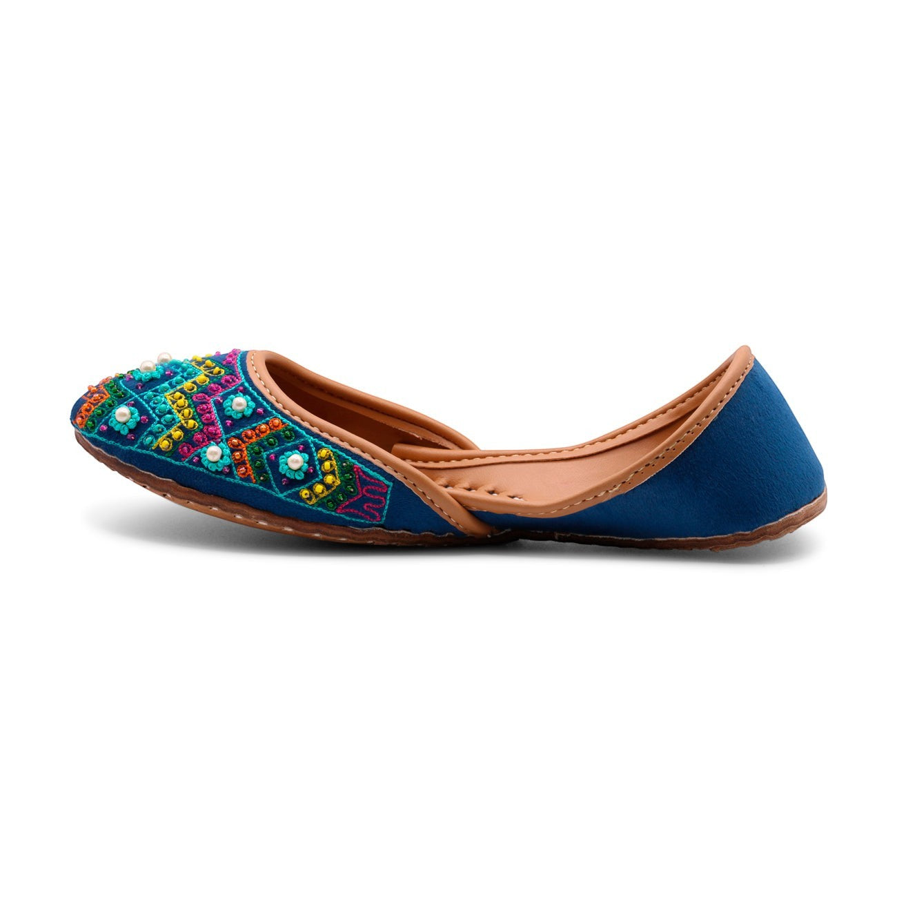 Ujaala blue suede jutti with intricate multi-color bead and pearl embroidery on the toe.