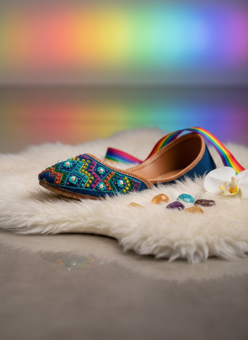 Ujaala blue multi-color embroidered khussa jutti with pearl accents and tan leather lining.