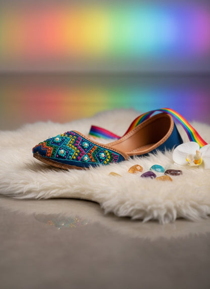 Ujaala blue multi-color embroidered khussa jutti with pearl accents and tan leather lining.