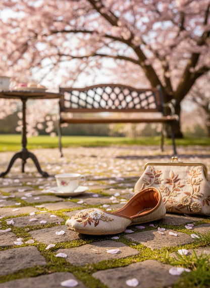 Ujaala Naazneen beige jutti with floral embroidery in gold and ivory. Flat sole, comfortable.