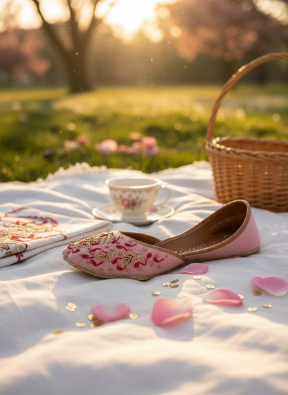 Ujaala Gulbahar pink jutti with intricate gold and red floral embroidery. Traditional Indian flat shoe.