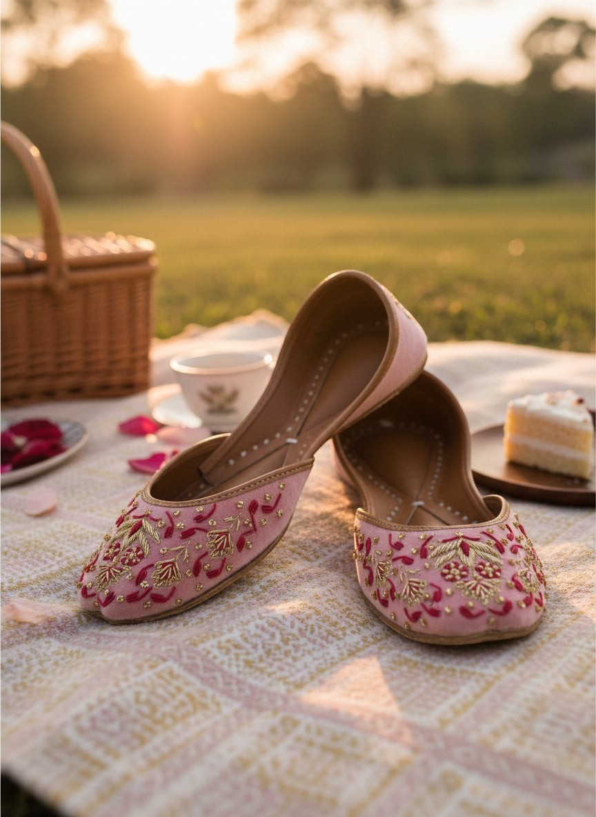 Ujaala Gulbahar pink jutti with intricate gold and red floral embroidery. Traditional Indian flat shoe for women.