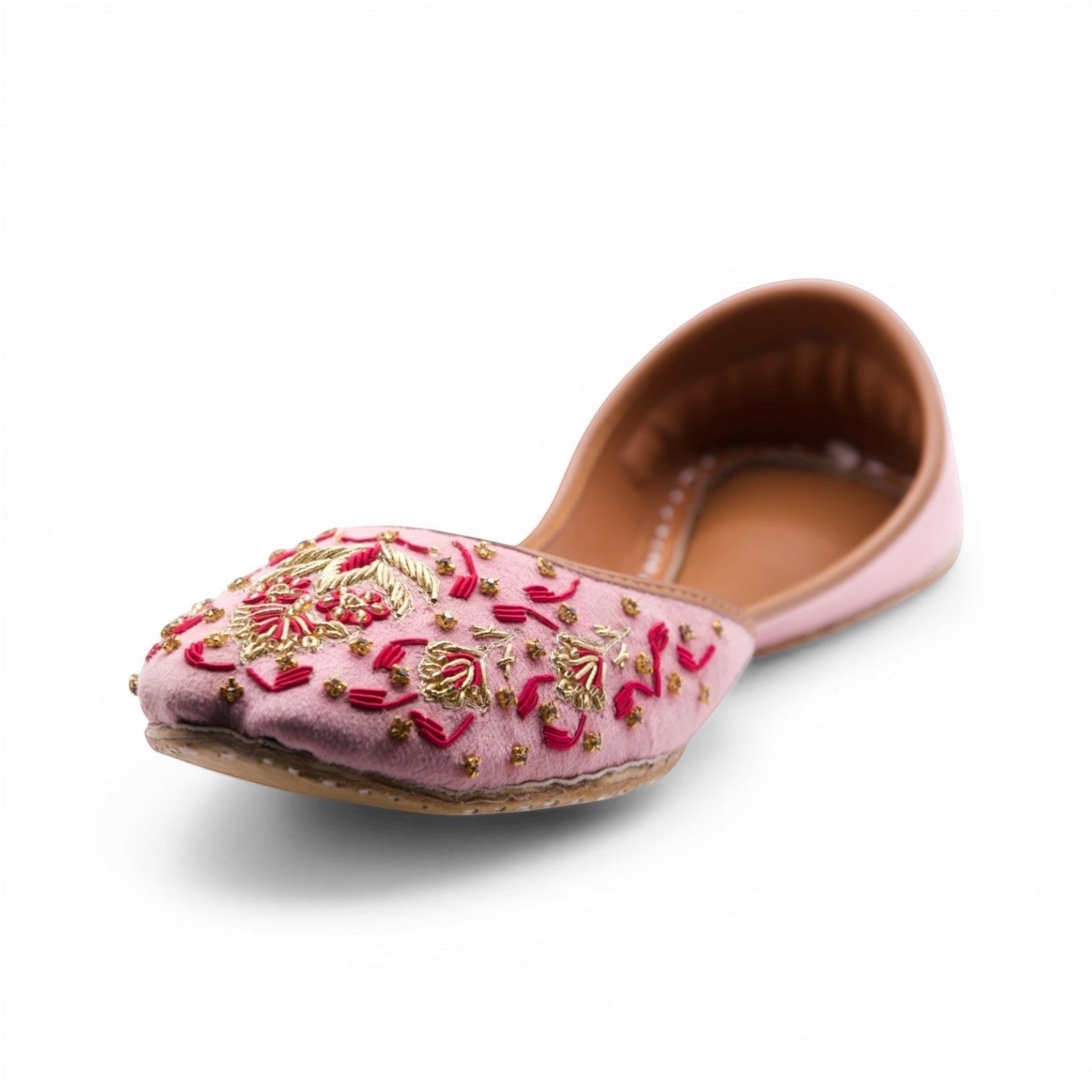 Ujaala Gulbahar pink jutti with intricate gold and red floral embroidery, perfect for festive occasions.