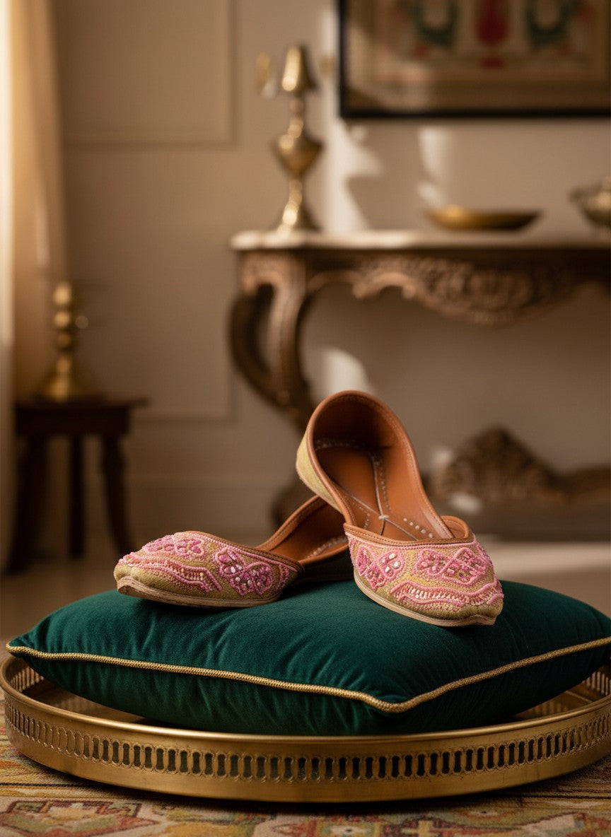 Ujaala Dilruba pink embroidered jutti flats with mirror work, crafted from soft fabric for festive occasions.