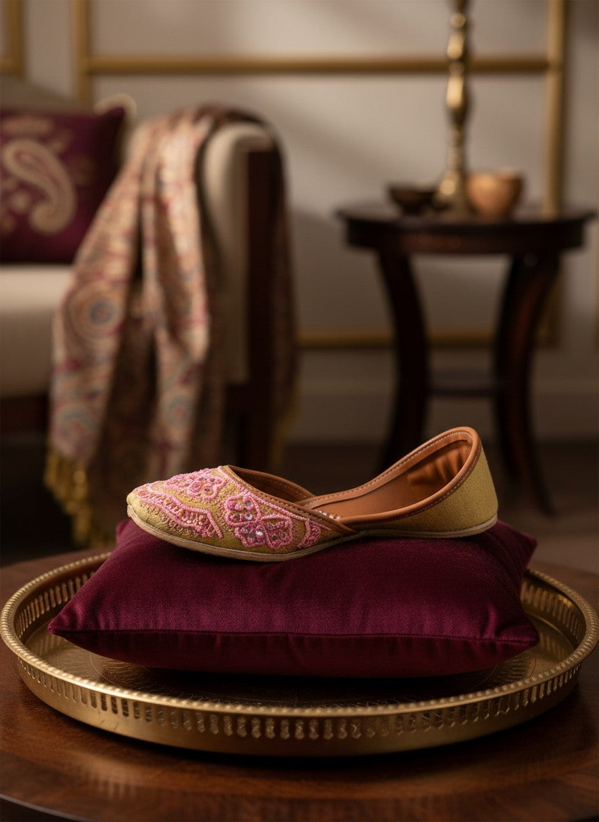 Ujaala Dilruba pink embroidered jutti flats with mirror work, crafted from soft fabric for festive occasions.