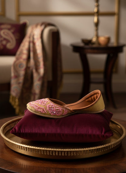 Ujaala Dilruba pink embroidered jutti flats with mirror work, crafted from soft fabric for festive occasions.