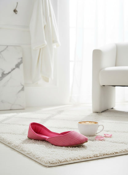 Ujaala pink textured fabric jutti with cushioned sole, perfect for daily wear.