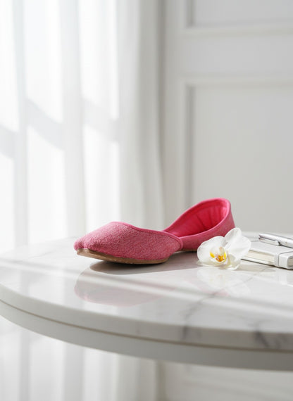 Ujaala pink textured fabric jutti with cushioned sole, perfect for daily wear.