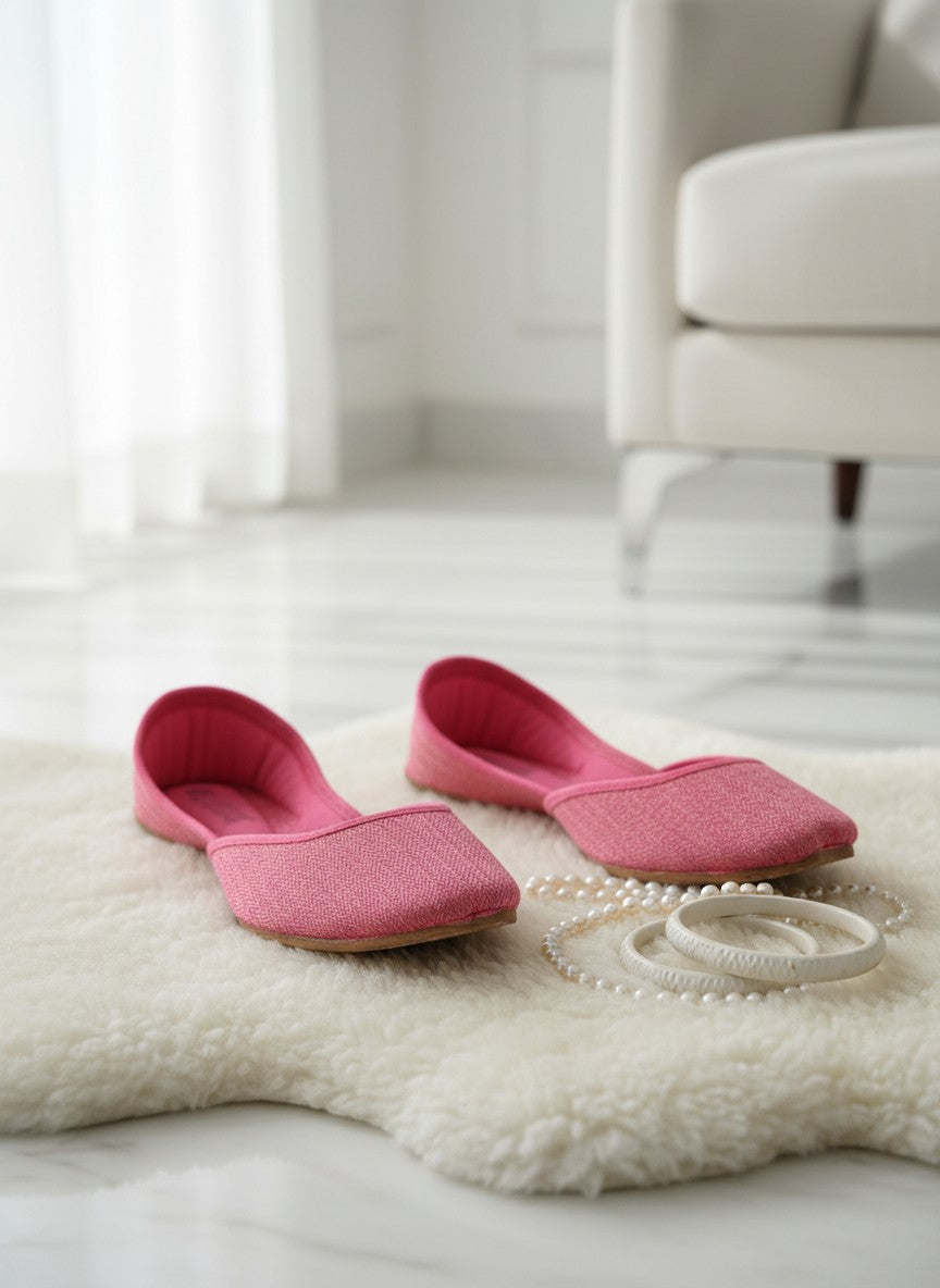 Ujaala pink textured fabric jutti with cushioned insole and pointed toe, perfect for daily wear.