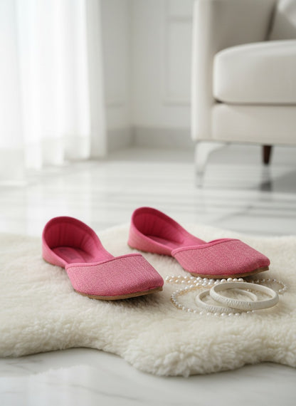 Ujaala pink textured fabric jutti with cushioned insole and pointed toe, perfect for daily wear.