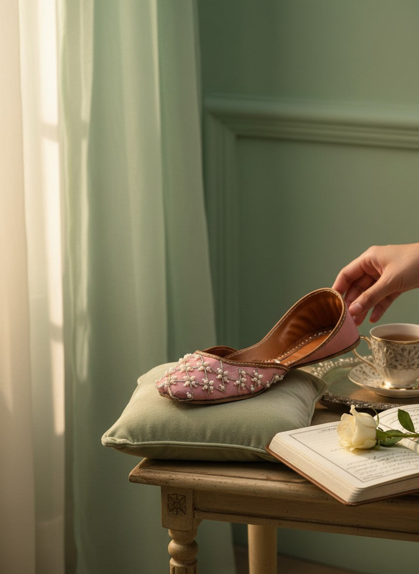 Ujaala Roshanayat pink jutti with intricate pearl and bead embroidery on the toe.