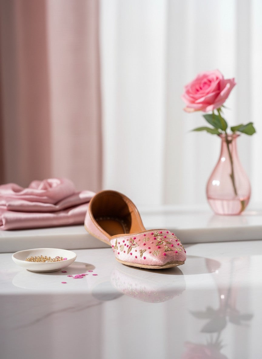 Ujaala Sapna pink velvet jutti with gold embroidery and bead accents. Handcrafted festive footwear.