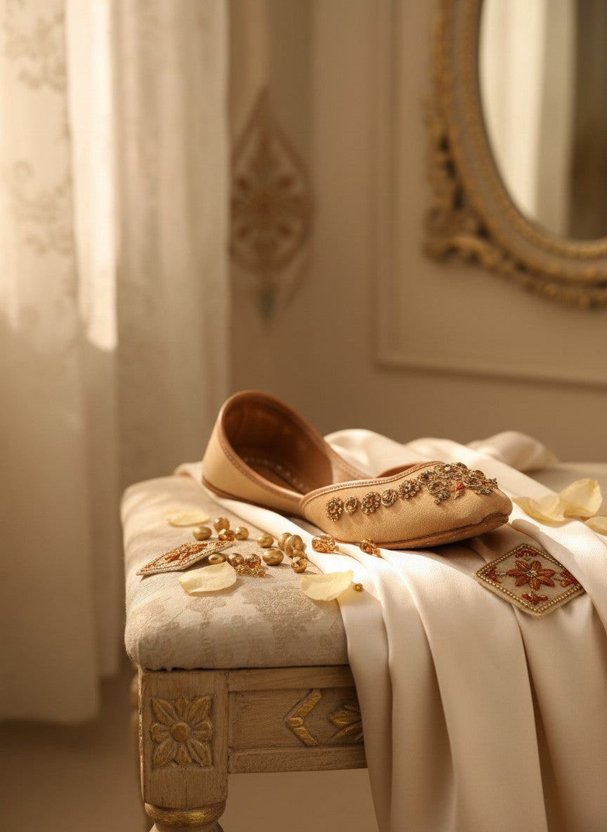 Ujaala Rangeen Kali beige jutti with intricate gold and crystal embellishments on the toe.