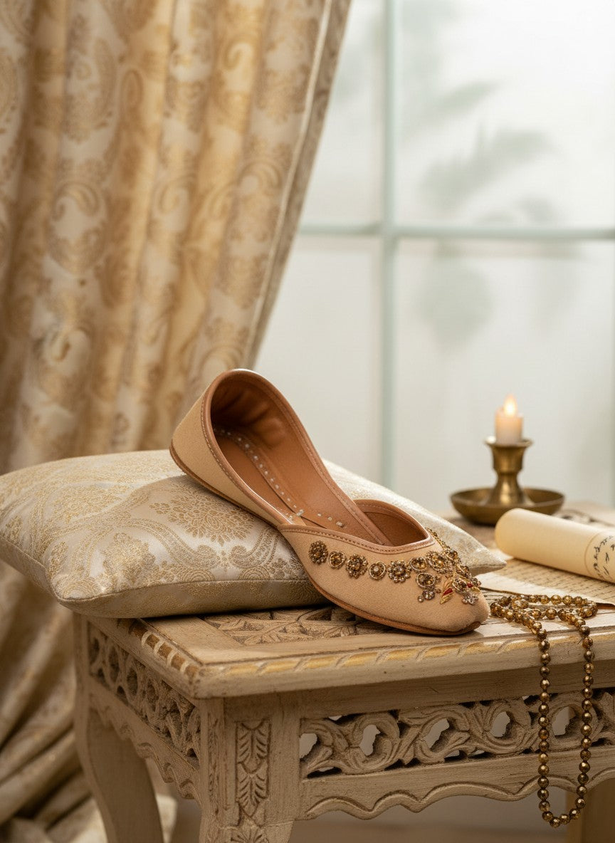 Ujaala Rangeen Kali beige velvet jutti with intricate gold and crystal floral embroidery.