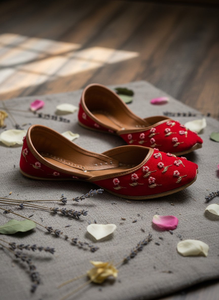 Ujaala Gulaab Cherry Jutti: Red embroidered flat shoes with floral detail and comfortable construction.