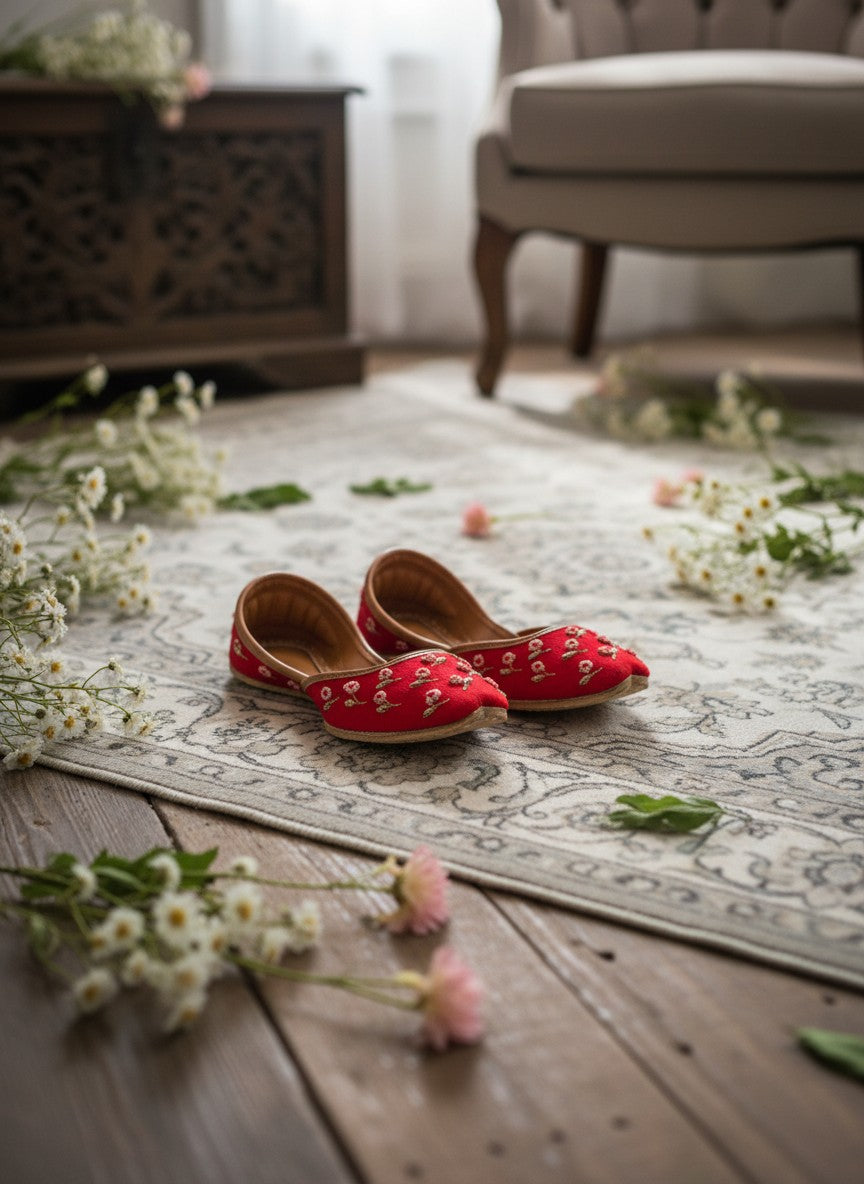 Ujaala Gulaab Cherry Jutti: red embroidered flat shoes with floral detail and tan leather lining.