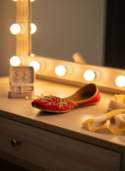Ujaala Zarafshan red jutti with intricate golden floral embroidery and embellishments, perfect for celebrations.