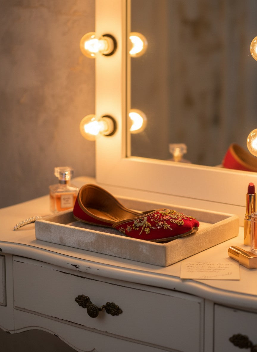 Ujaala Zarafshan red jutti with intricate golden floral embroidery and embellishments, perfect for celebrations.