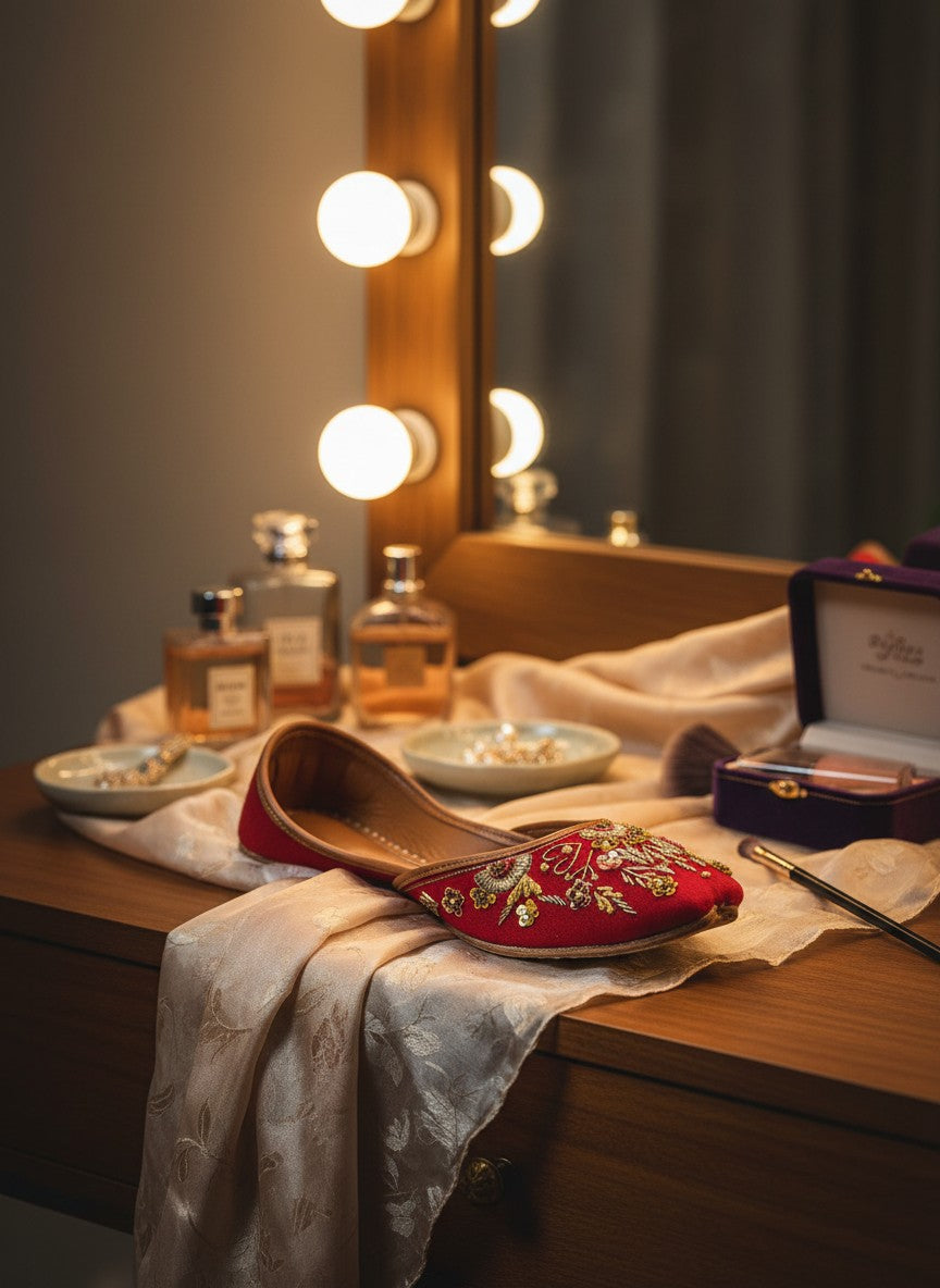 Ujaala Zarafshan red jutti with intricate golden floral embroidery and zari work, perfect for celebrations.