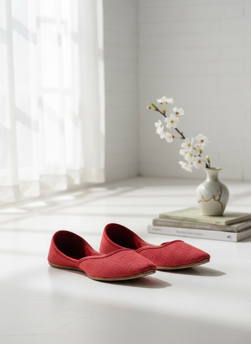 Ujaala red textured fabric jutti with soft inner lining, perfect for everyday wear.