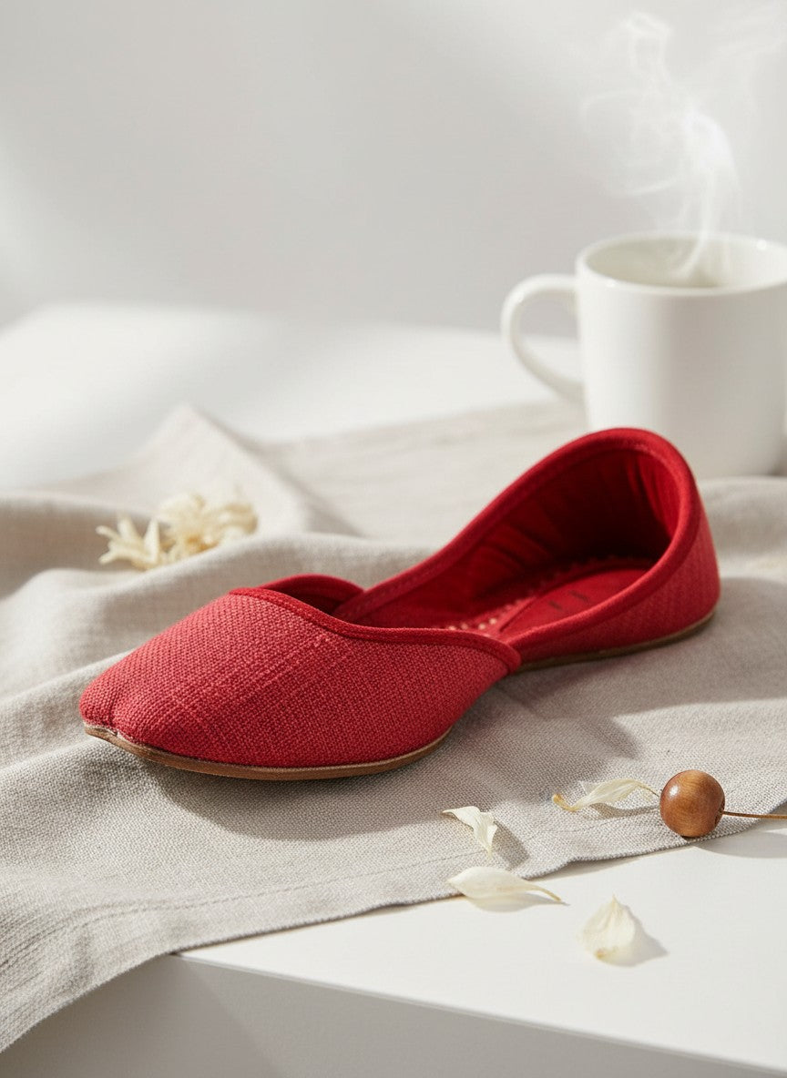 Ujaala red textured fabric jutti with soft inner lining, perfect for everyday wear.