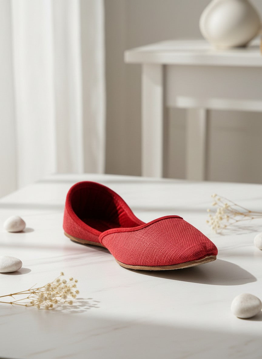 Ujaala red textured fabric jutti with soft inner lining, perfect for everyday wear.