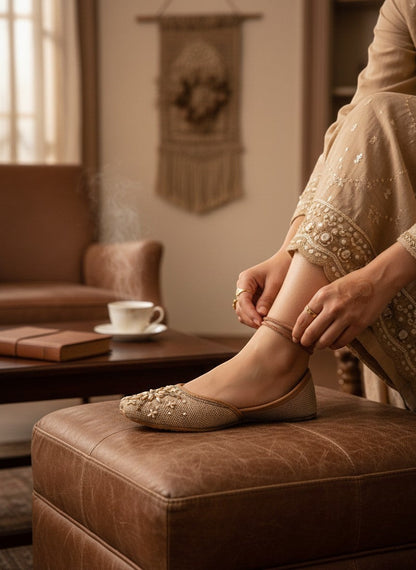 Ujaala Ghazal sand beige jutti with intricate ivory and bronze beadwork and a central gemstone accent.